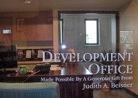 Donor names are stenciled on each office window. Donor names are stenciled on each office window.